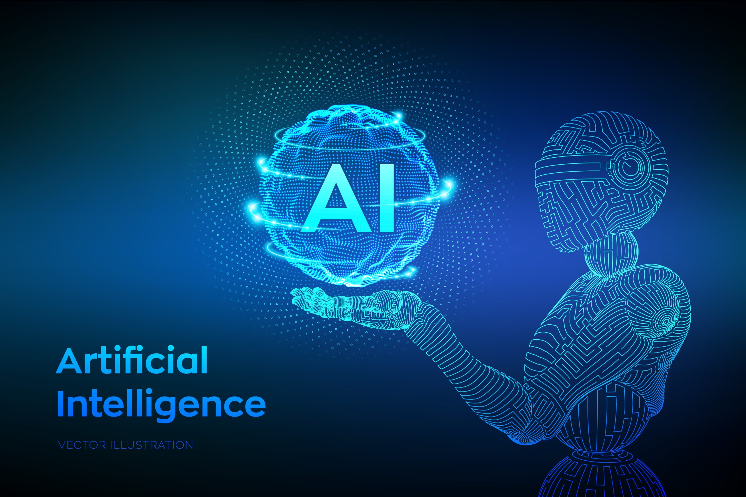 رسم تخطيطي رقمي أزرق لروبوت ذكاء اصطناعي يحمل كرة أرضية مضيئة تحمل حروف AI